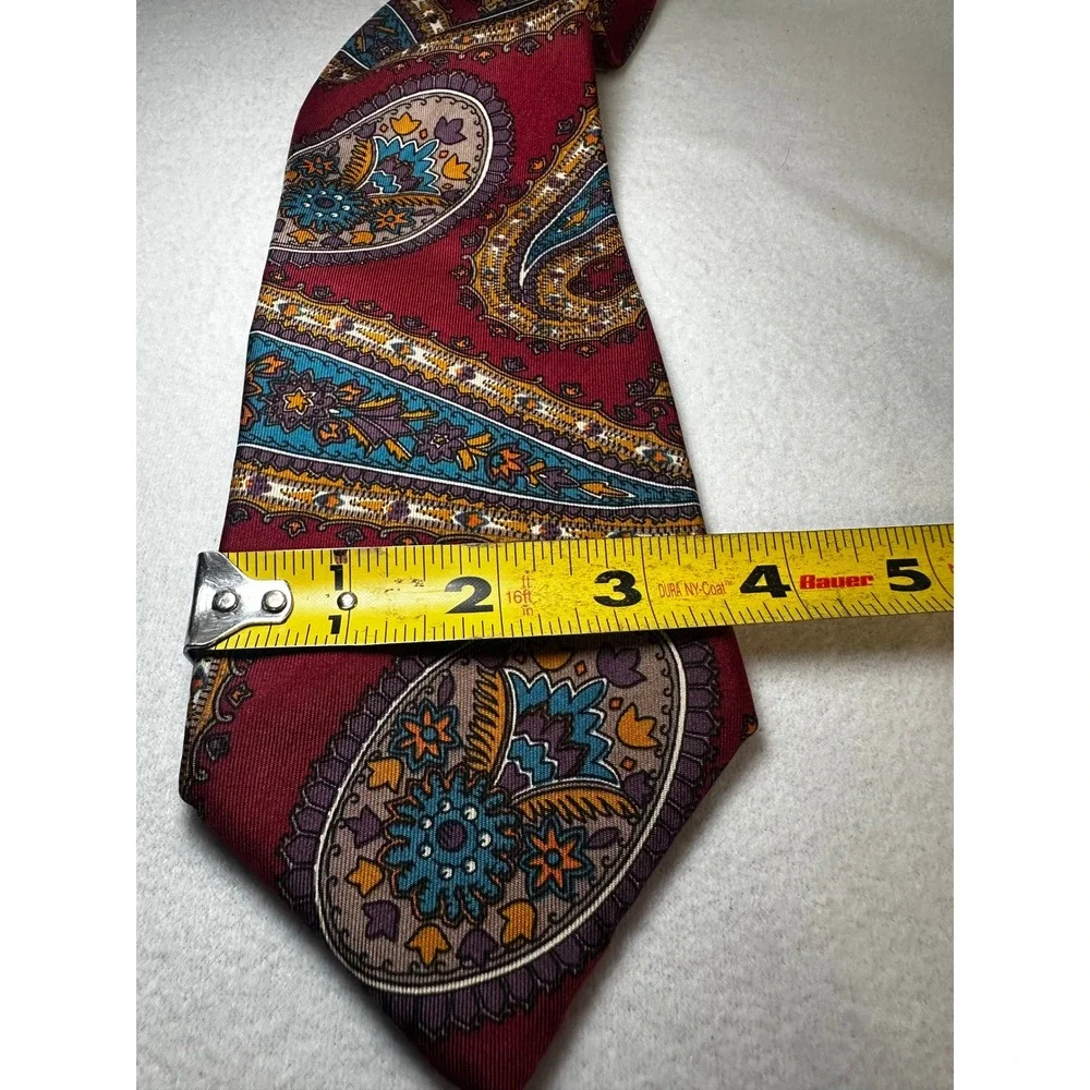 Claiborne Mens Silk Necktie Burgundy Teal Gold Paisley Wide Classic Tie USA Made